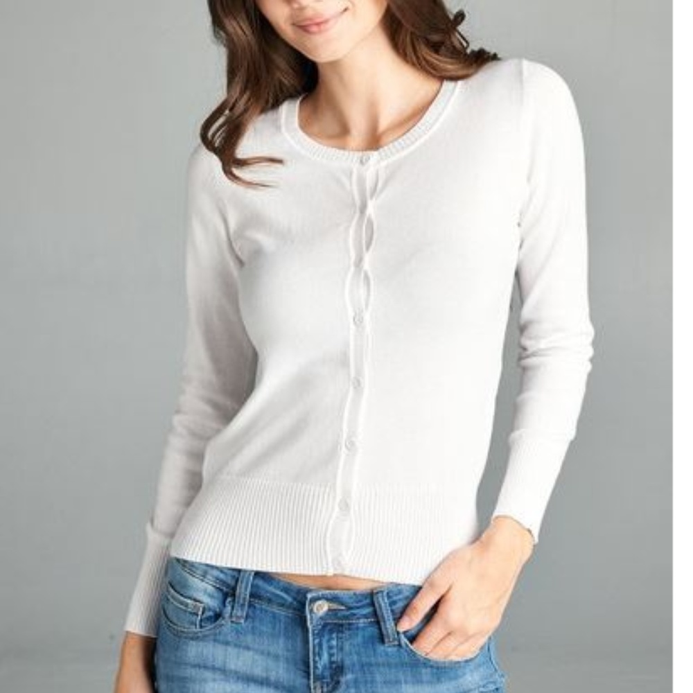 REBEL B WHITE CREW NECK BUTTON UP CARDIGAN